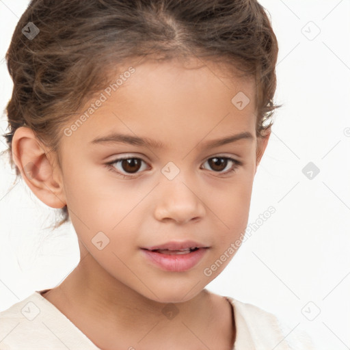 Joyful white child female with short  brown hair and brown eyes