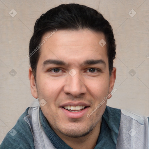 Joyful white young-adult male with short  black hair and brown eyes