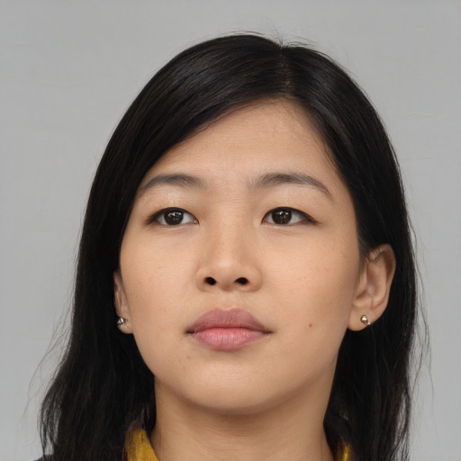 Neutral asian young-adult female with long  black hair and brown eyes