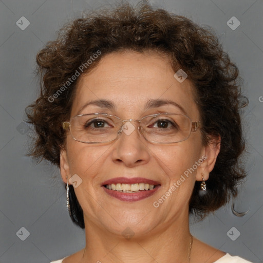 Joyful white adult female with short  brown hair and brown eyes