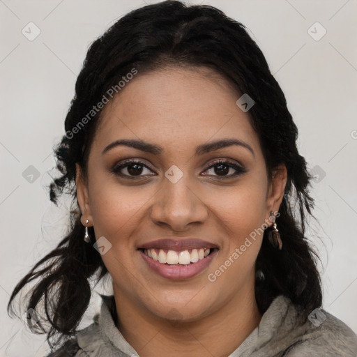 Joyful latino young-adult female with medium  black hair and brown eyes