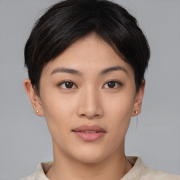 Neutral asian young-adult female with short  brown hair and brown eyes