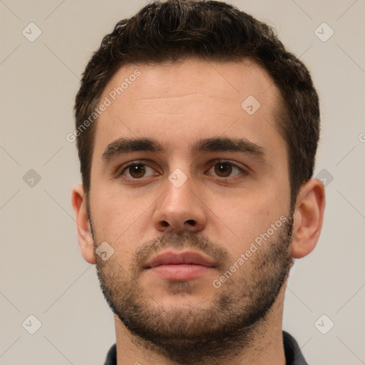 Neutral white young-adult male with short  brown hair and brown eyes