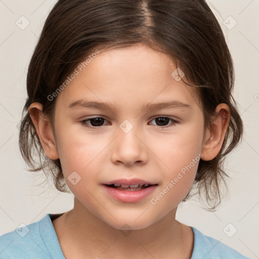 Joyful white child female with medium  brown hair and brown eyes