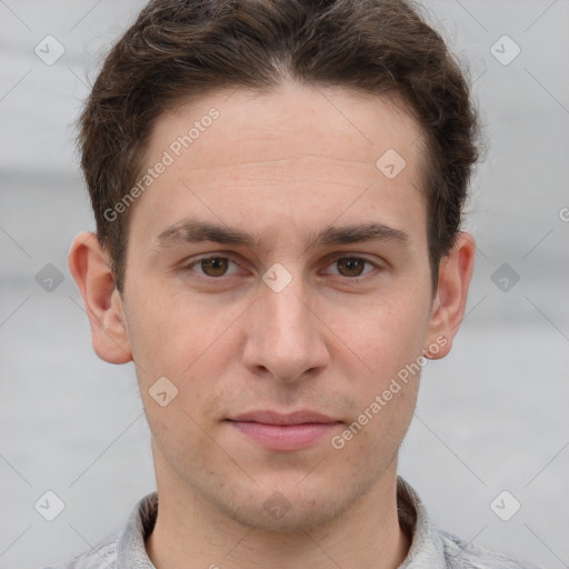 Neutral white young-adult male with short  brown hair and grey eyes