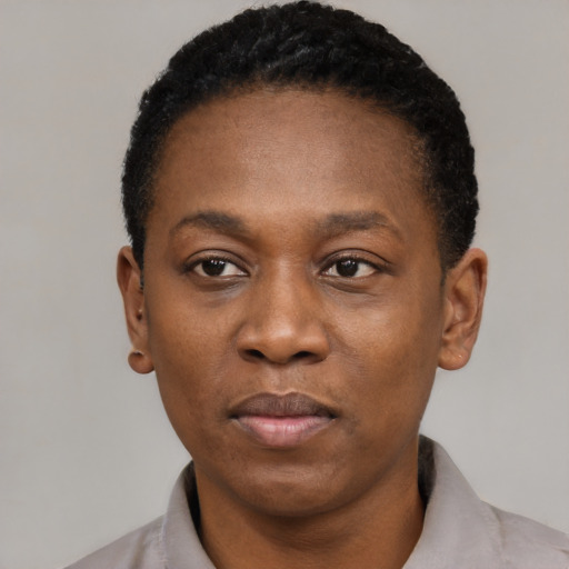 Neutral black young-adult female with short  black hair and brown eyes