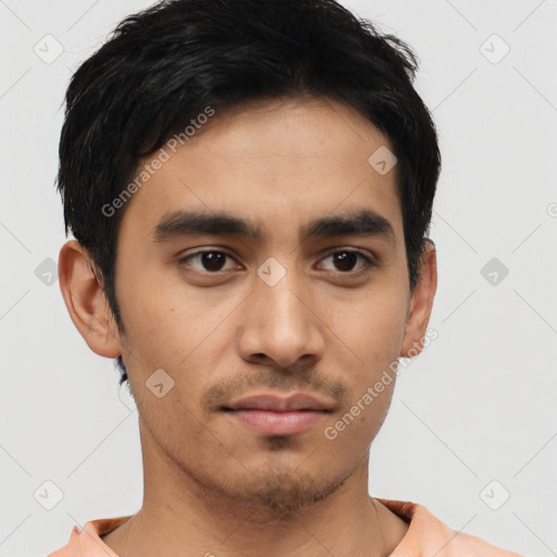 Neutral asian young-adult male with short  black hair and brown eyes