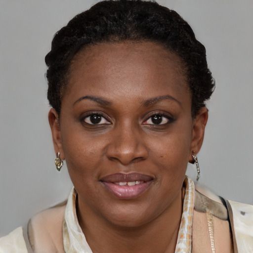 Joyful black young-adult female with short  brown hair and brown eyes
