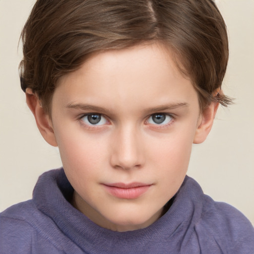 Neutral white child female with short  brown hair and grey eyes