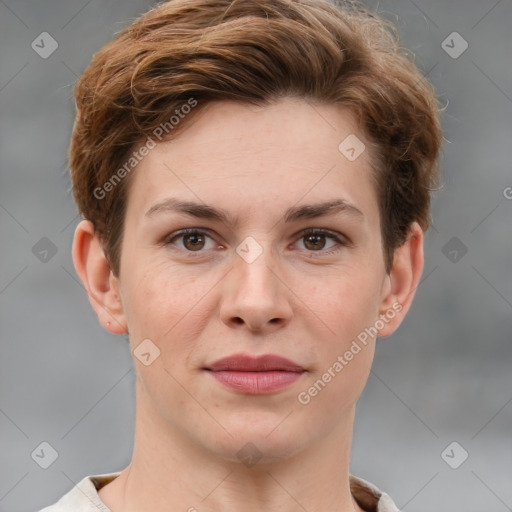 Joyful white young-adult female with short  brown hair and grey eyes