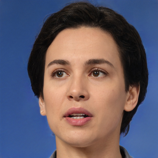 Neutral white young-adult female with short  black hair and brown eyes