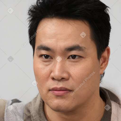 Neutral asian young-adult male with short  black hair and brown eyes