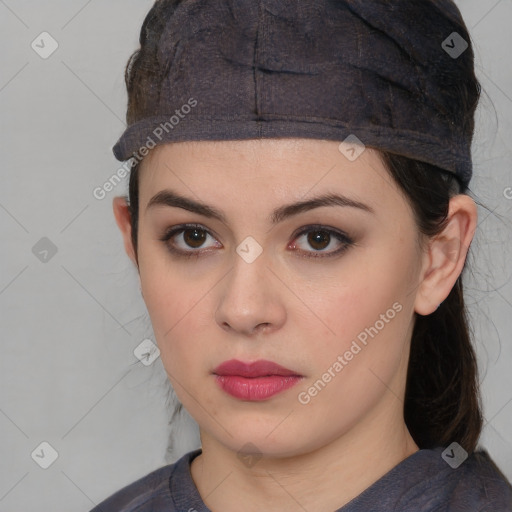 Neutral white young-adult female with medium  brown hair and brown eyes