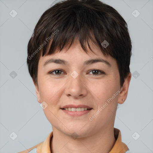 Joyful white young-adult female with short  brown hair and brown eyes