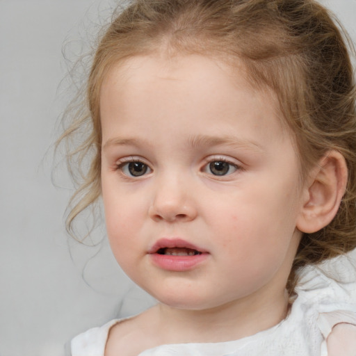 Neutral white child female with medium  brown hair and blue eyes