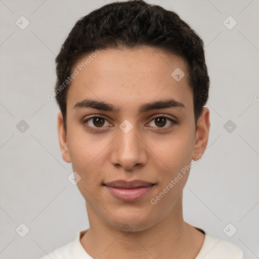 Joyful white young-adult female with short  brown hair and brown eyes