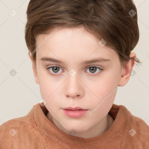 Neutral white child female with short  brown hair and grey eyes