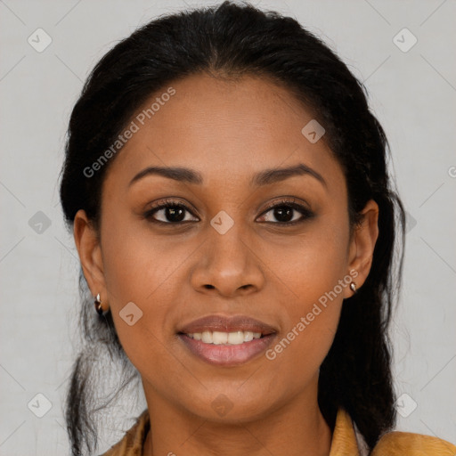 Joyful latino young-adult female with medium  brown hair and brown eyes