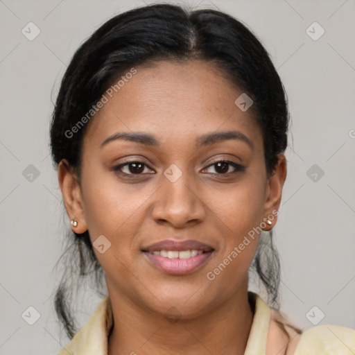 Joyful latino young-adult female with medium  brown hair and brown eyes