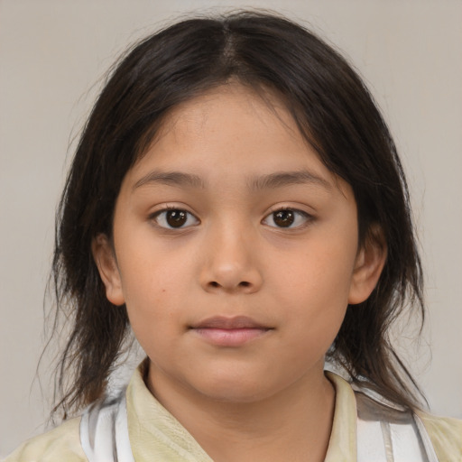 Neutral latino child female with medium  brown hair and brown eyes