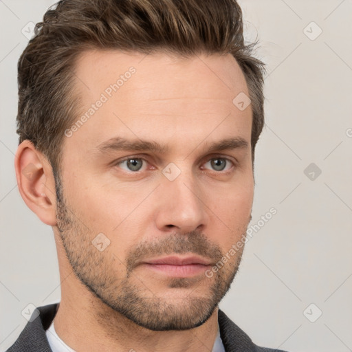 Neutral white young-adult male with short  brown hair and grey eyes