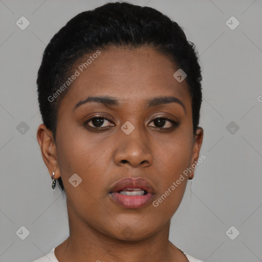 Neutral black young-adult female with short  brown hair and brown eyes