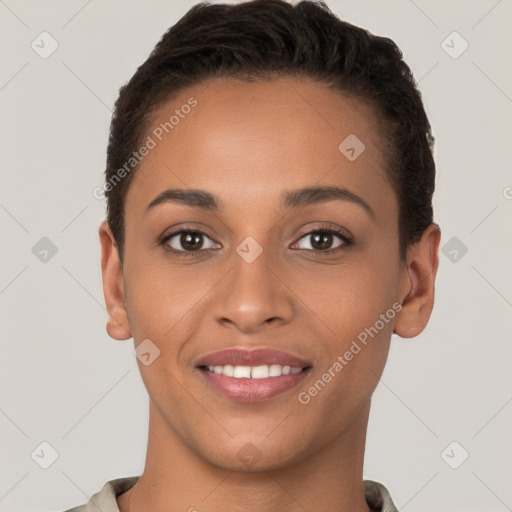 Joyful white young-adult female with short  brown hair and brown eyes