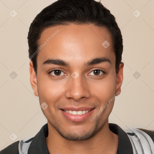 Joyful white young-adult male with short  black hair and brown eyes