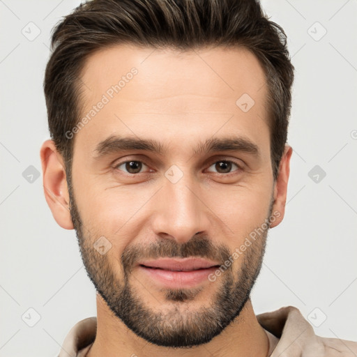 Joyful white young-adult male with short  brown hair and brown eyes