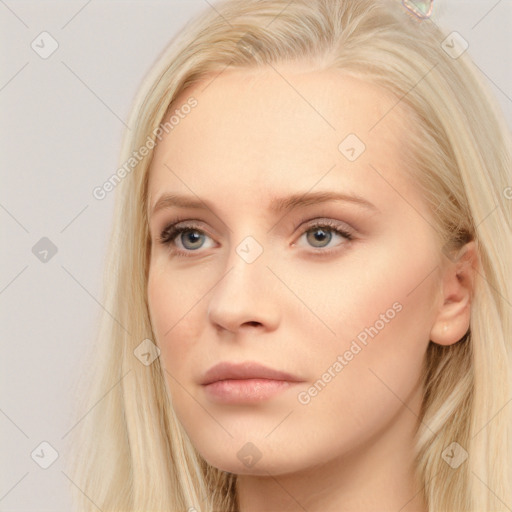 Neutral white young-adult female with long  brown hair and blue eyes