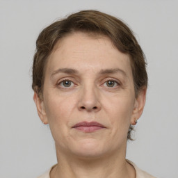 Joyful white adult female with short  brown hair and grey eyes