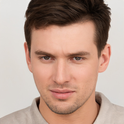 Neutral white young-adult male with short  brown hair and brown eyes