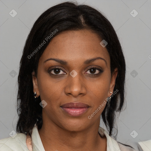 Joyful black young-adult female with medium  brown hair and brown eyes