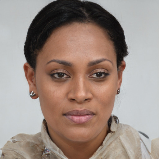 Joyful latino young-adult female with short  brown hair and brown eyes
