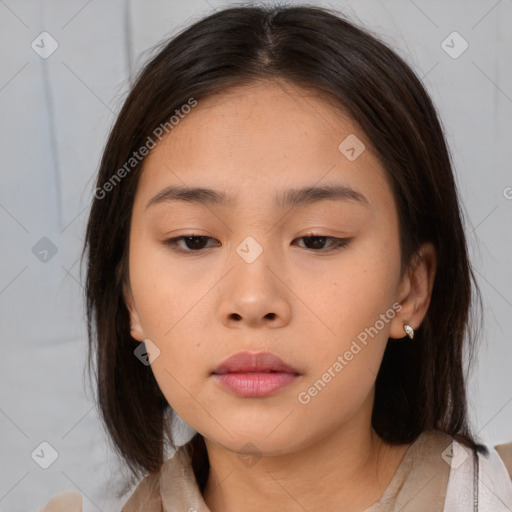 Neutral asian young-adult female with medium  brown hair and brown eyes