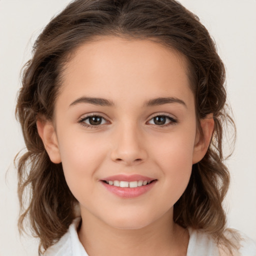 Joyful white child female with medium  brown hair and brown eyes