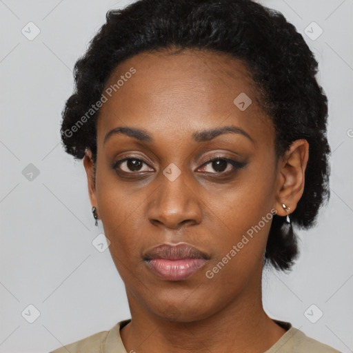 Neutral black young-adult female with short  black hair and brown eyes