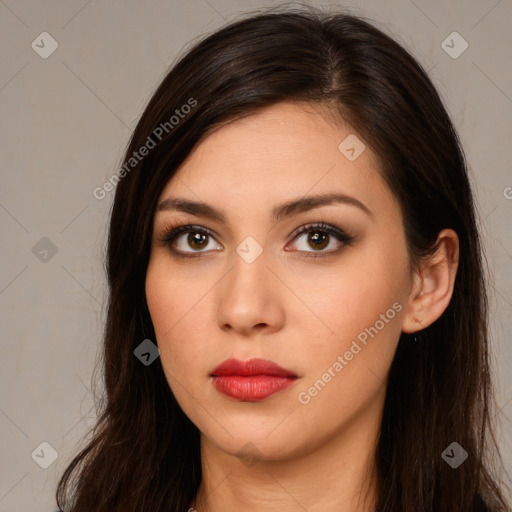 Neutral white young-adult female with long  brown hair and brown eyes