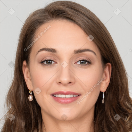 Joyful white young-adult female with long  brown hair and grey eyes