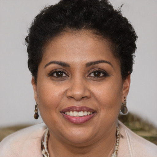 Joyful black young-adult female with short  brown hair and brown eyes