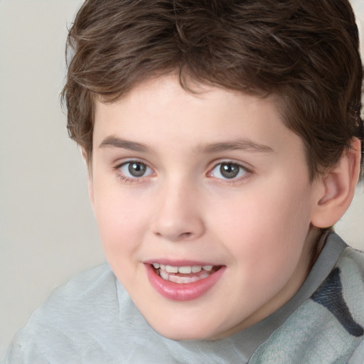 Joyful white child female with short  brown hair and brown eyes