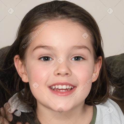 Joyful white child female with medium  brown hair and grey eyes