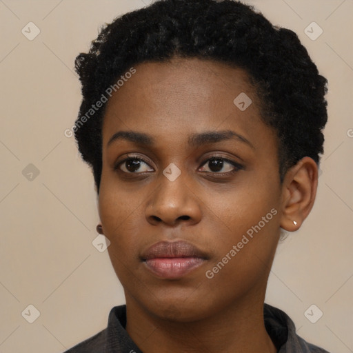 Neutral black young-adult female with short  black hair and brown eyes