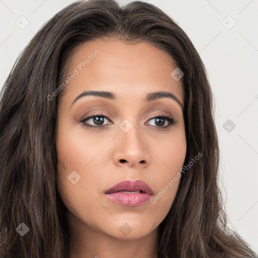 Neutral white young-adult female with long  brown hair and brown eyes