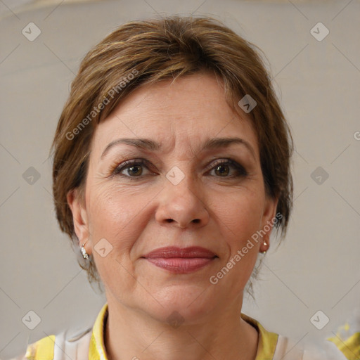 Joyful white adult female with medium  brown hair and brown eyes