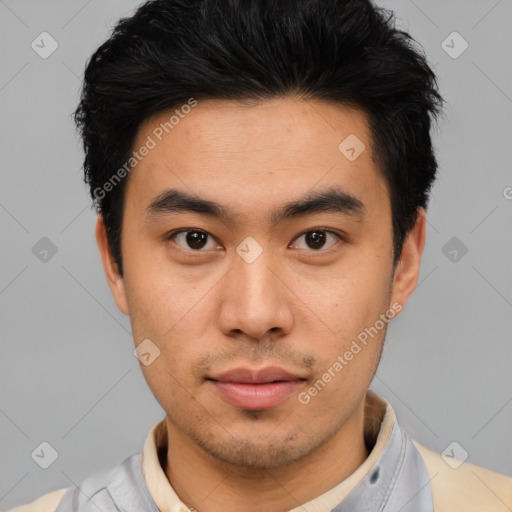 Neutral asian young-adult male with short  black hair and brown eyes