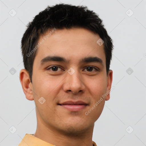 Joyful latino young-adult male with short  brown hair and brown eyes