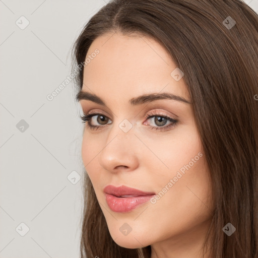 Neutral white young-adult female with long  brown hair and brown eyes