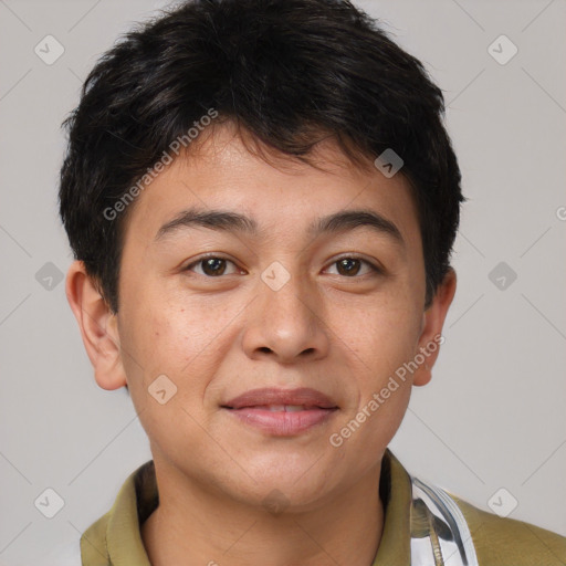 Joyful asian young-adult male with short  brown hair and brown eyes