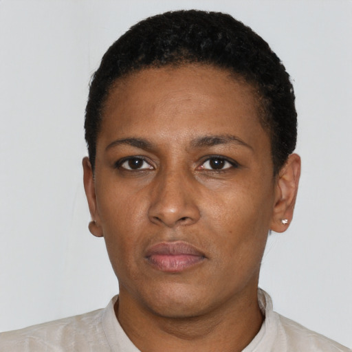 Neutral latino young-adult female with short  black hair and brown eyes